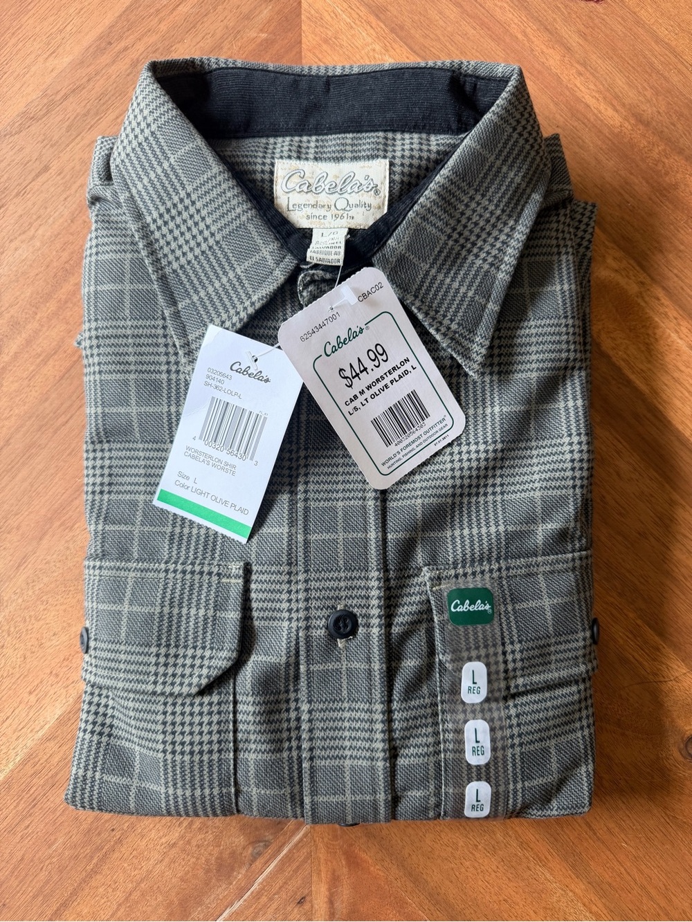 NWT Men’s Button Up Shirt Cabela’s Outfitter Series L Light Olive Plaid Outdoors